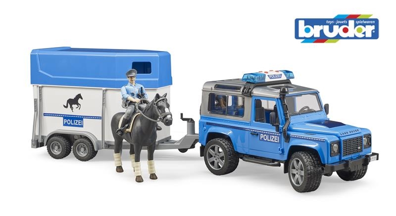 Bruder 2588 Policejní Land Rover s přepravníkem na koně a policistou novinka 2020