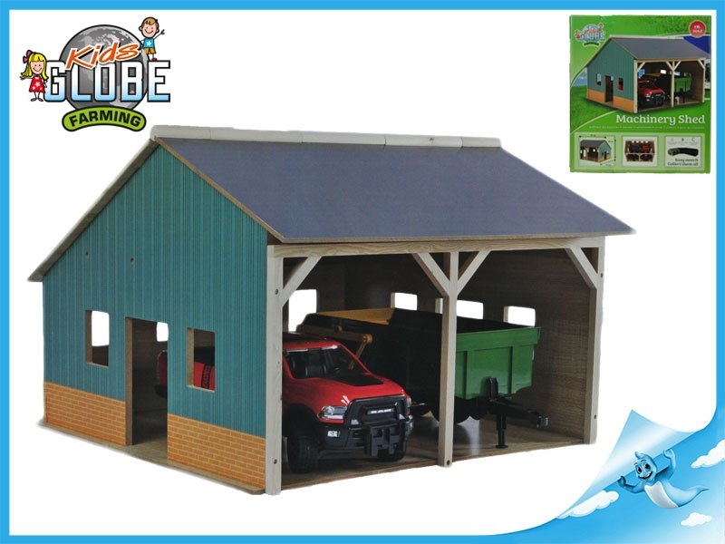 Garáž dřevěná farma pro traktory 55x53x38cm 1:16 v krabičce pasuje k hračkám a traktorům BRUDER 